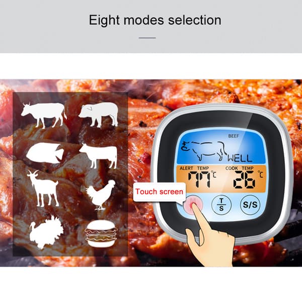 Digital grilltermometer med berøringsskjerm og LED-display, multifunksjonell timer for kjøkken