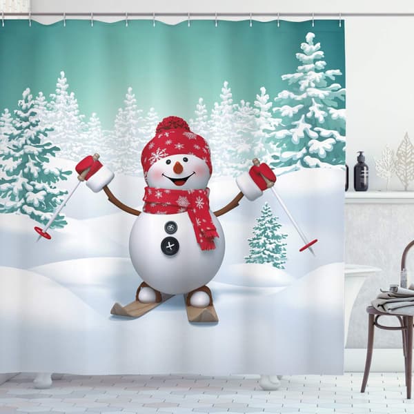 Christmas Shower Curtain, Skiing Snowman Tree, Fabric Bathroom D