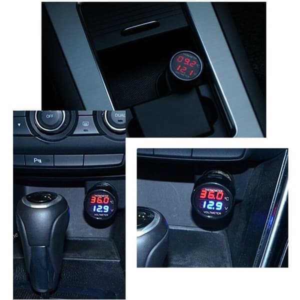 2 i 1 Voltmeter + Termometer Bil Auto Lastbil Bus Motorcykel Batterispænding Digital Temperaturmonitor Indikator Måler Test med Dobbelt LED-display,