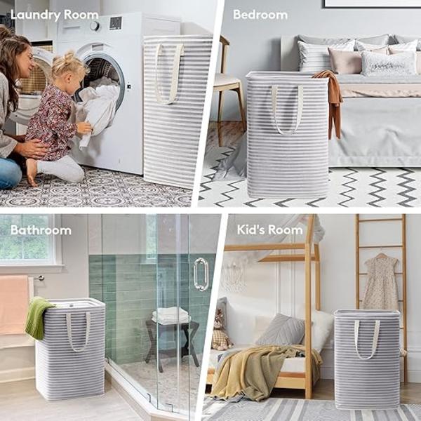 72L Grey Striped Laundry Hamper, Foldable Waterproof Fabric, Large Capacity