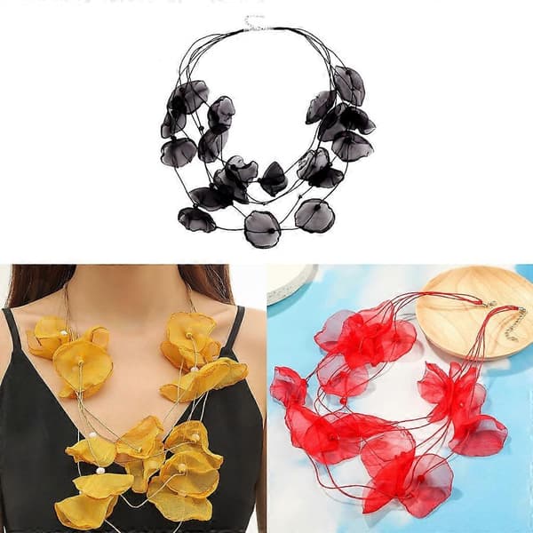 Multilayer Fabric Leaf Flower Collar Statement Choker Necklace (FMY) Red Red