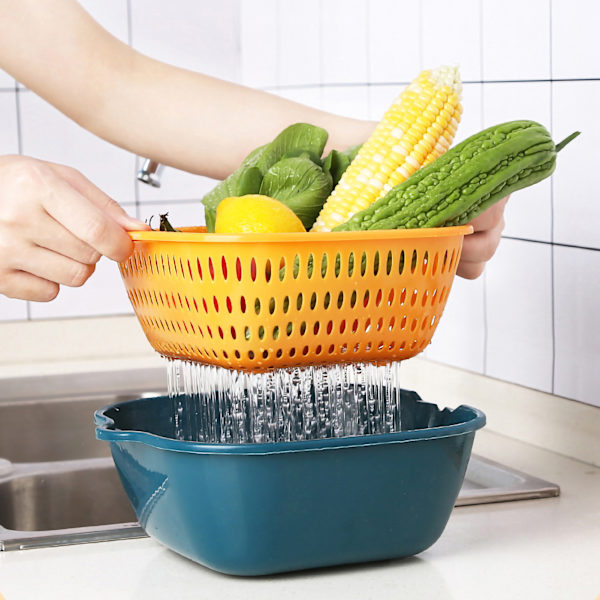Vegetable Washing Basket Double Layer Drains Quickly Hanging Multifunctional Fruit Strainer with Side Handle for Kitchen L Blue Yellow