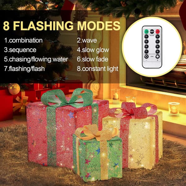 Christmas Lighted Gift Boxes, Set of 3 LED Gift Boxes, 8 Lighting Modes with 50 LEDs, IP44 Christmas Lighting Box, for Christmas Tree