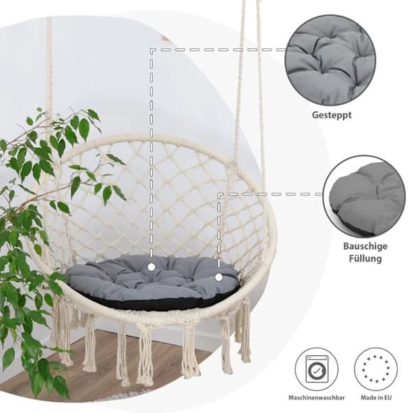 Papasan-tuolin pehmuste ulkokäyttöön, istuintyyny 60 cm - rottinkinen puutarhatuolin riipputyyny, tummanharmaa