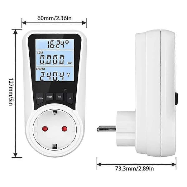 2x elmåler til stikkontakt, med baggrundsbelysning, LCD-display, energimåler, til elektriske apparater [db]