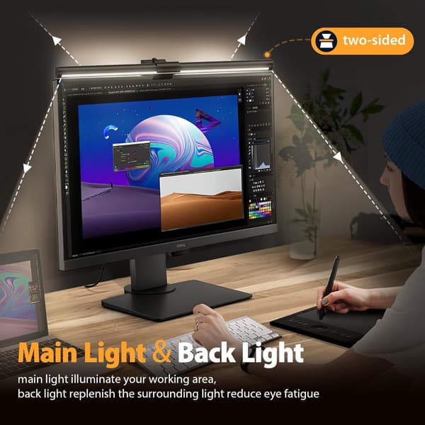 Monitorlampa för ögonskydd 34cm svart för bärbara datorer, klämma, USB-driven, justerbar 45 grader, touchkontroller och 60 min timer