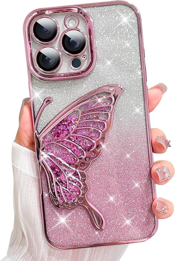 til iPhone 16 Pro Max, Sødt Piget Luksus Bling Flydende Sand 3D Sommerfugledesign til Kvinder Piger (til iPhone 16 ProMax) - Rosa