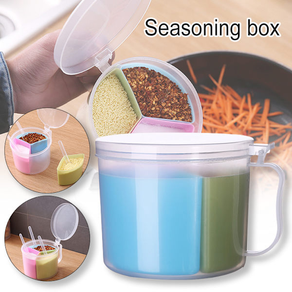 Spice Box with Spoon 3 Compartments Multi-Grid Spice Storage Container Storage Tool for Kitchen