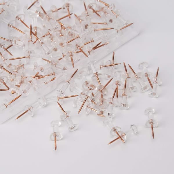 100 Clear Plastic Push Pins with Rose Gold Heads, Wall Tacks, I-Shaped Pin