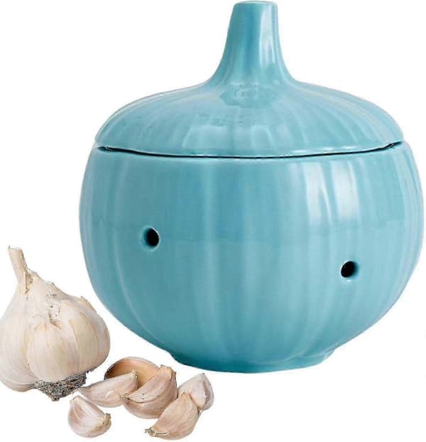 Ceramic Garlic Container with Lid, Ventilated Storage Jar for Ginger and Garlic Blue Blue