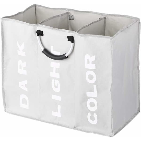 Laundry basket with 3 compartments, foldable laundry basket sorting basket laundry bag with aluminum handle (light gray)-