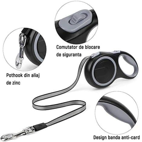 Retractable Pet Leash, Non-Slip Handle, Tangle-Free, 5 Meters, ABS/Nylon Material, Grey (FMY)