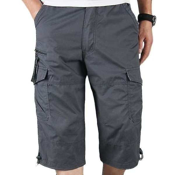 Menn 3/4 Lange Elastiske Shorts Midje Cargo Combat Tre Kvart Bukser Mørkegrå XL