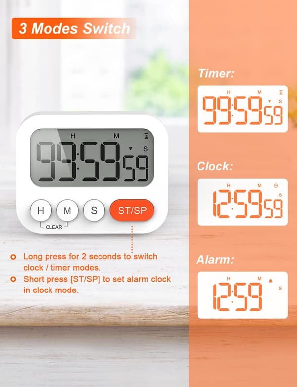 Multifunktionel digital køkkentimer med urfunktion, hurtig indstilling, 3 lydstyrkeniveauer, magnetisk bagside, foldbart stativ