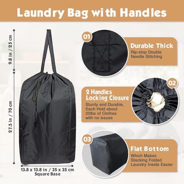Laundry Sorter - Black Foldable Laundry Basket - 2 Washable Bags with Handles and Drawstring - Sturdy, Large Enough for 3