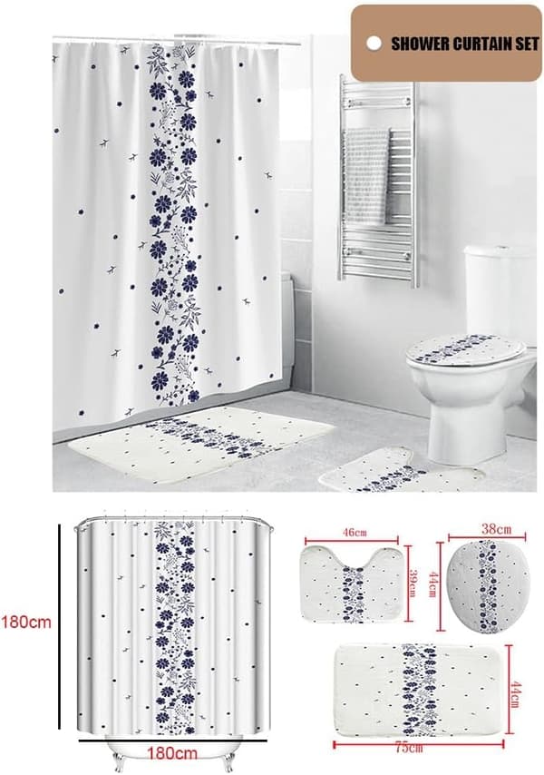(B)4-delat duschdraperiset, badrumsdraperiset med duschdraperi och matta, botanisk natur Le