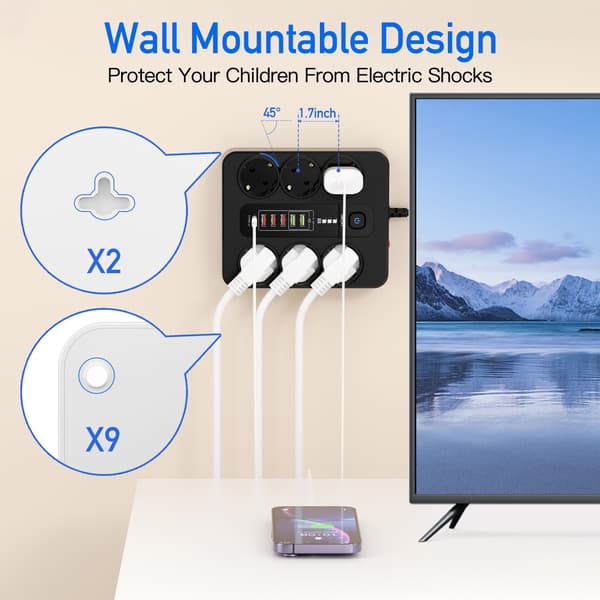 EU 6-vejs stikkontakt, 5 USB-porte, 1 USB-C-port Sort