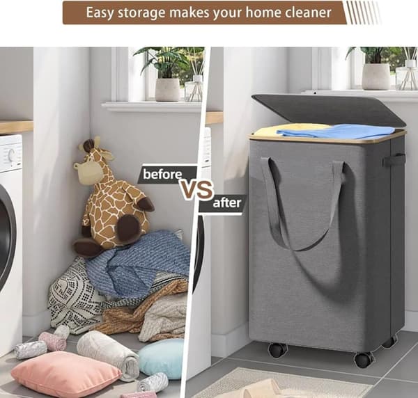 Large Laundry Basket with Wheels - 70L Foldable Laundry Hamper with Lid and Removable Inner Bag_TF_TF Grey Grå