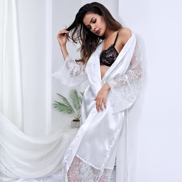 L, Kimono Badekåper Lang Silke Satin Svart Kimono Badekåpe