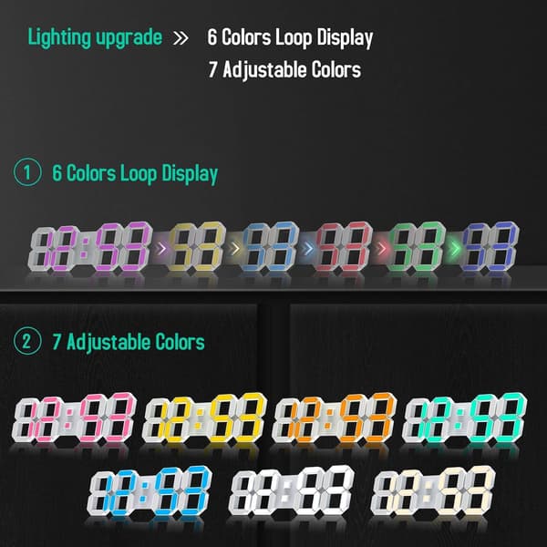 3D LED-väggklocka 7 färger med fjärrkontroll, digital alarmklocka