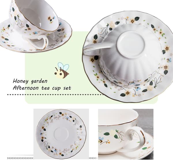 Blomsterbi Tekoppar och fat, Kaffe Benporslinsmugg 1 Set (1 Kopp och 1 fat)