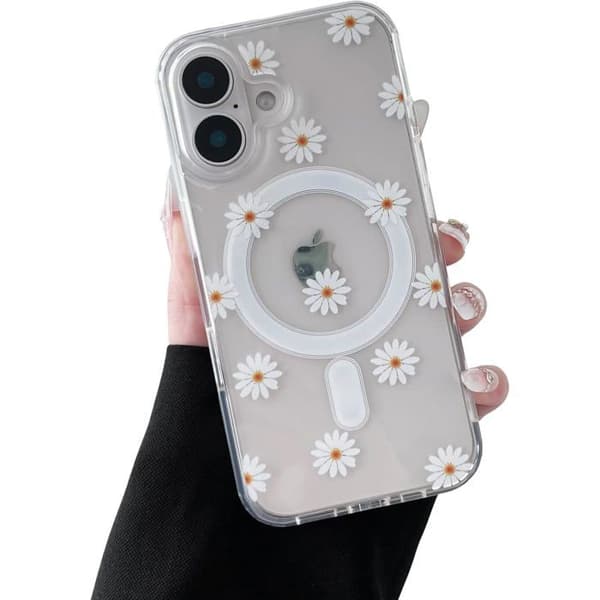 Transparent Magnetic iPhone 16 Case - Daisy Flower Design - Compatible with MagSafe Wireless Charging - Shockproof Protection