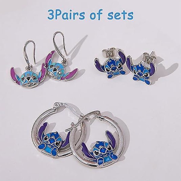 Stitch örhängen 3-delat set, gulliga tecknade örhängen, allergivänliga örhängen present till kvinnor och flickor