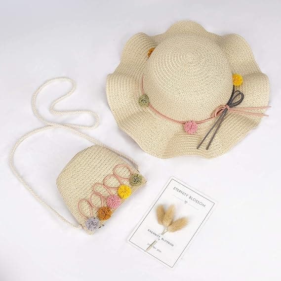 Beige - Solhat til piger, sommerhat i strå og clutch med blomster til børn