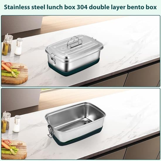 Madkasse - Rustfrit stål - 2000 ml - 22 × 15,5 × 9 cm - Bento Box - Lækagesikker - Med skillevæg - Velegnet til voksne og børn - Sølv