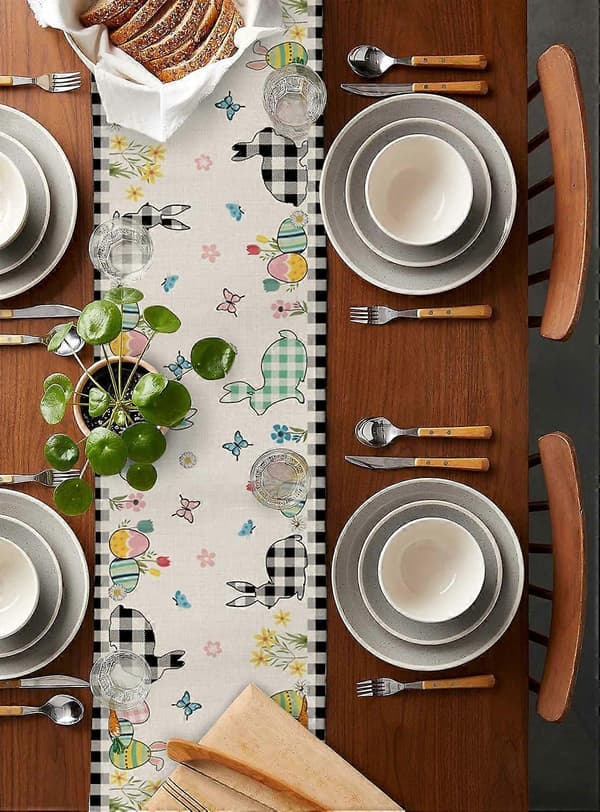 Plaid Bunny Easter Egg Table Runner 13 x 72 inch for Easter Decoration Home Kitchen Dining (FMY)