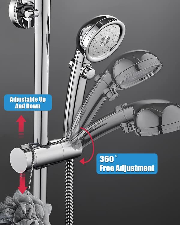 Shower Head Holder Adjustable 19-25mm Slide Bar Bracket, 360° Rotating No Drilling ABS Replacement for Bathroom RV, Chrome