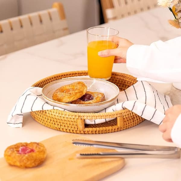 30 cm Round Rattan Serving Tray, Rattan Serving Tray with Cutout Handles, Woven Fruit/Bread Basket
