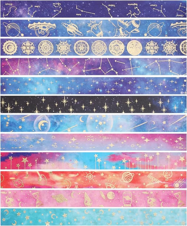 12 ruller teipsett, stjernehimmel dekorativ washi-teip 15 mm x 2 m