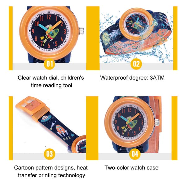 Kids Watch Cartoon Pattern Waterproof Strap Quartz Children's Watch Orange