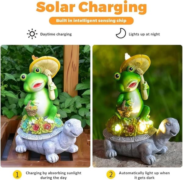 Solcellelampe Haveudsmykning Skildpadde & Frø – Udendørsstatue til Terrasse & Altan