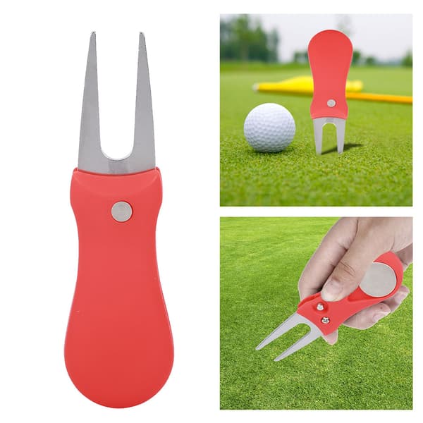 Portable Golf Green Divot Repair Tool Foldable Ball Fork Lawn Repair Golfer Practice Accessory Red