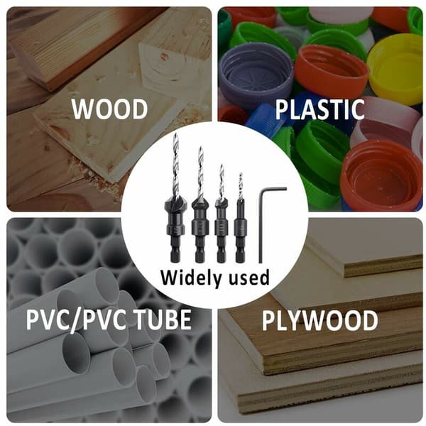 Walnut Countersink, 4 Pieces Hexagonal Tapered Countersink Drill Bit with a Small Wrench, Tapered Wood Countersink Suitable for Wood or Plastic Pa