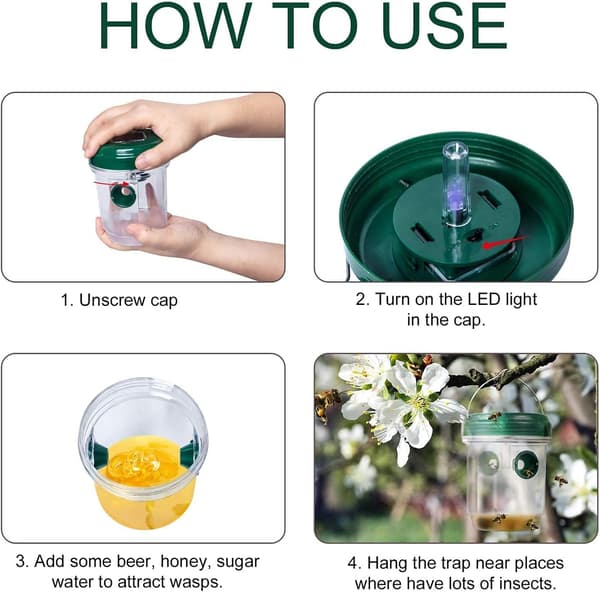 2-pack getingdödare, solcellsbaserad getingfälla med UV-LED-ljus, återanvändbara insektsfällor, bikupa för getingar, gula jackor och getingar (grön)