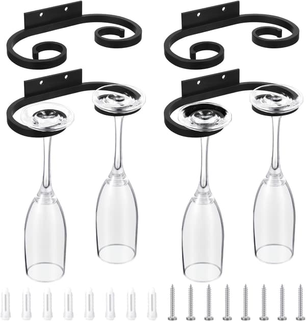 4 stk (17,2 cm) Vægmonteret vinglasholder Vinglasholder Metal Vinglasophæng Sort Tråd Vinglasholder