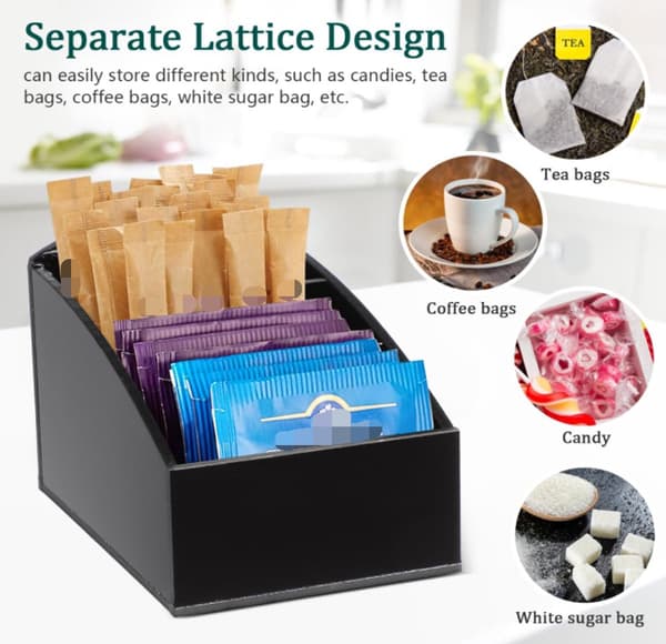 Tea Bag Organizer, Acrylic Storage Holder for Tea, Sugar, and Coffee Packets, for Home, Hotel, Cafe Counter, Black