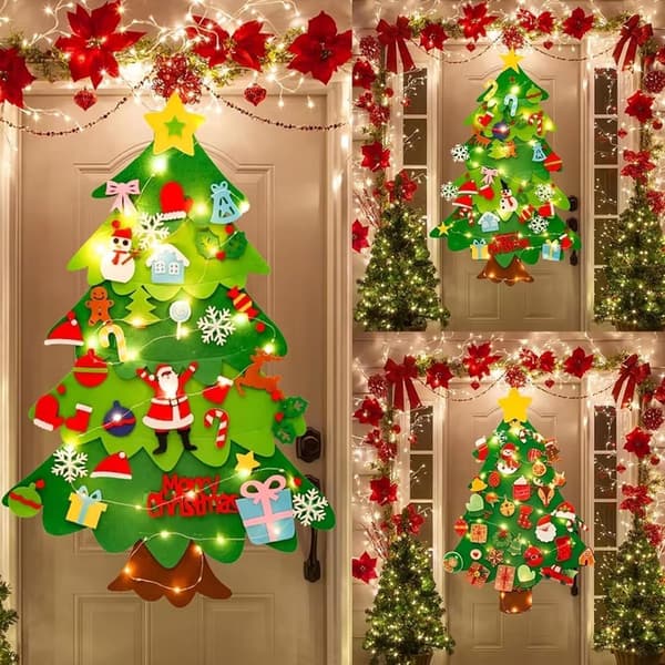 Felt Christmas Tree - Christmas Tree with Lights - Felt Christmas Tree for Kids incl. 32 Ornaments - Kids Gift with String Lights
