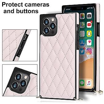 iPhone 14 Case with Chain in PU Leather Datura Diamond Lattice (Pink)