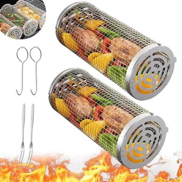 2-pakning rullende grillkurv i rustfritt stål roterende BBQ-nettingsylinder med avtakbart håndtak for camping og hagegrilling