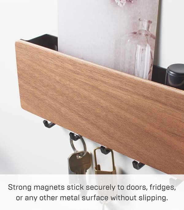 Magnetic wall rack with hooks and steel + wooden compartment - Key storage