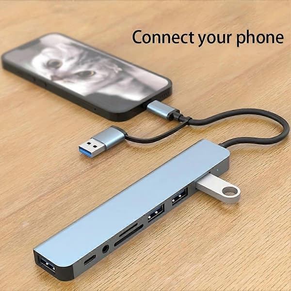 USB C 8-in-2-moniporttihubiadapteri 1 x USB 3.0/3 x USB 2.0 -dataportit/3,5 mm ääniliitännät puhelimille