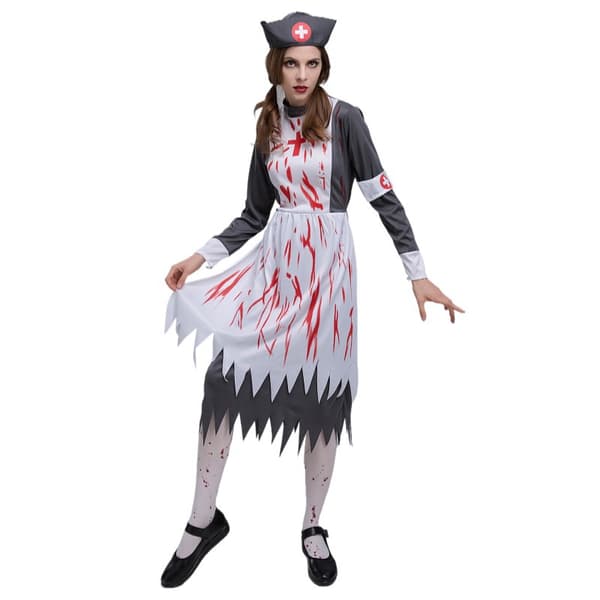 Halloween skräck sjuksköterska zombie hembiträde kostym (strumpor ingår ej)