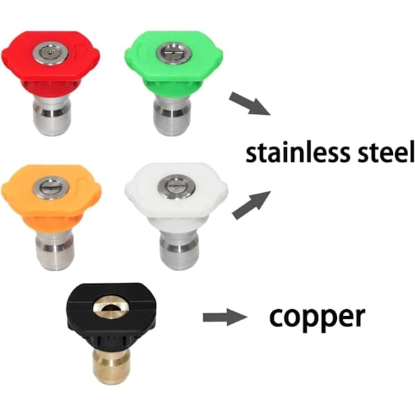 Højtryksrenser Dyse Sæt, Robust Kvalitetsmateriale Quick Connect Spraydyser, 5-pak Rustfrit Stål Messing Universelle Flere Grader (0, 15, 2...