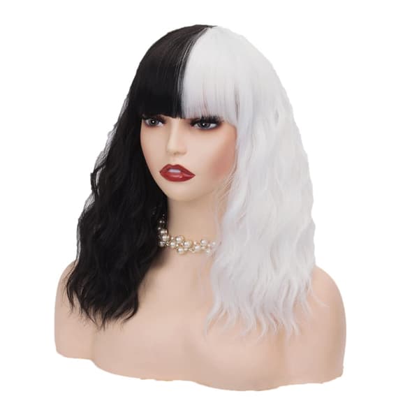 Black and White Full Wig with Bangs, Short Wavy, Heat Resistant