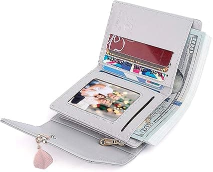 Women's Wallet Small Ladies Coin Purse Exquisite Leaf Pendant PU Leather, Grey B