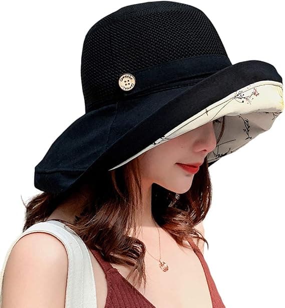 Mesh solhatter for kvinner - UPF UV-beskyttelse - Sammenleggbar - Bred brem - Hakestropp (svart)
